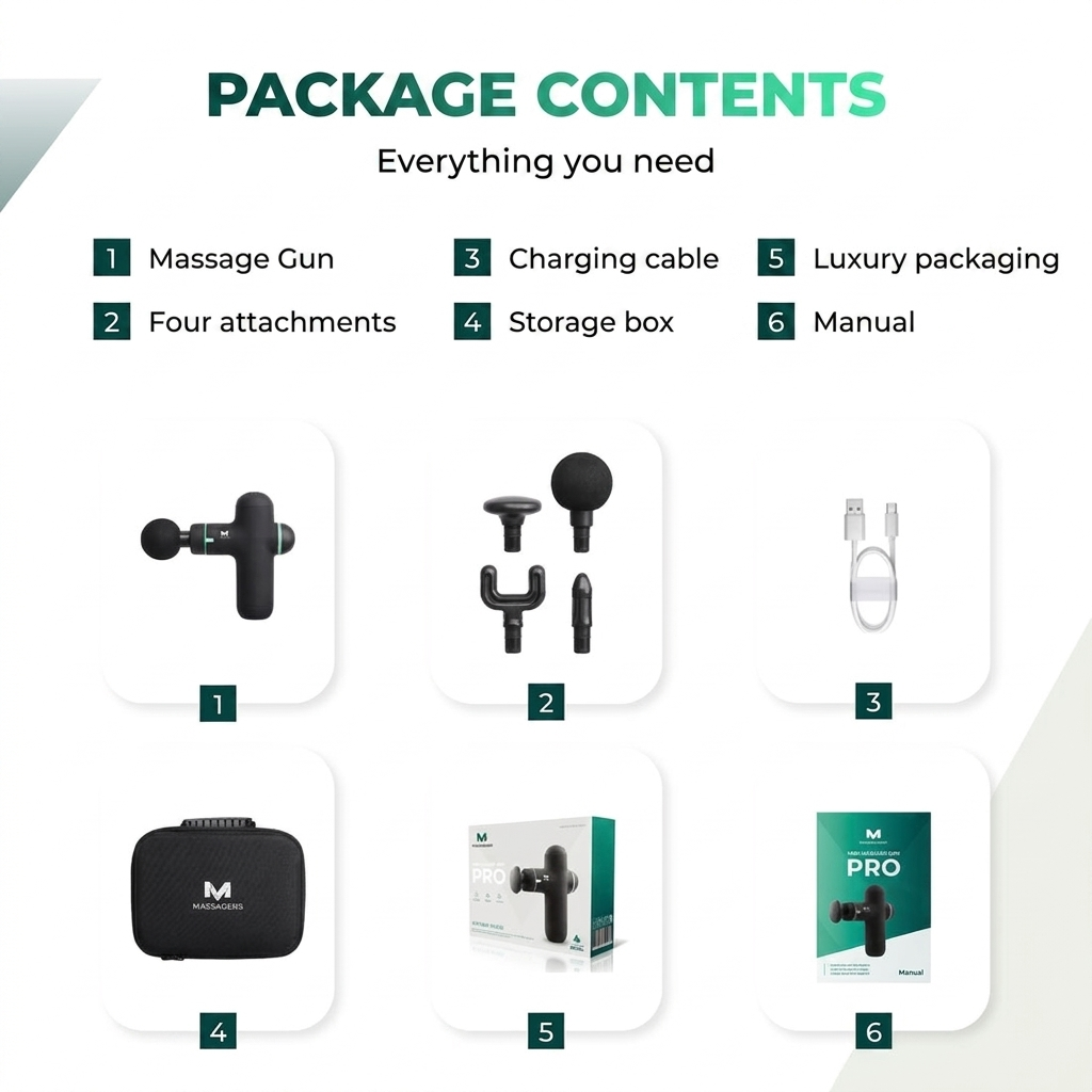 Contenu du pack : pistolet de massage, quatre embouts, câble, boîte de rangement, emballage et manuel.