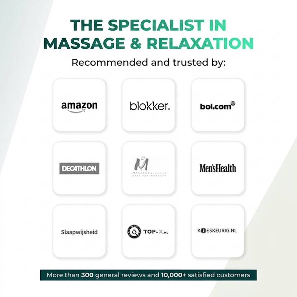 Une publicité avec des logos tels qu'Amazon, Blokker et Decathlon sous le texte Specialist in Massage & Relaxation.