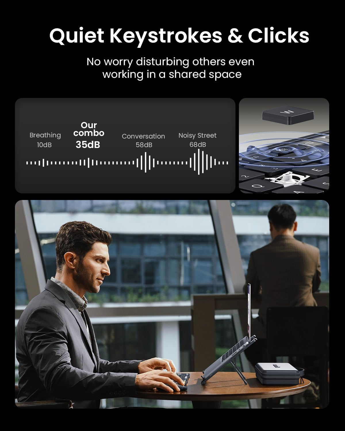 L'infografica mostra tasti silenziosi e un uomo che lavora su un computer portatile.