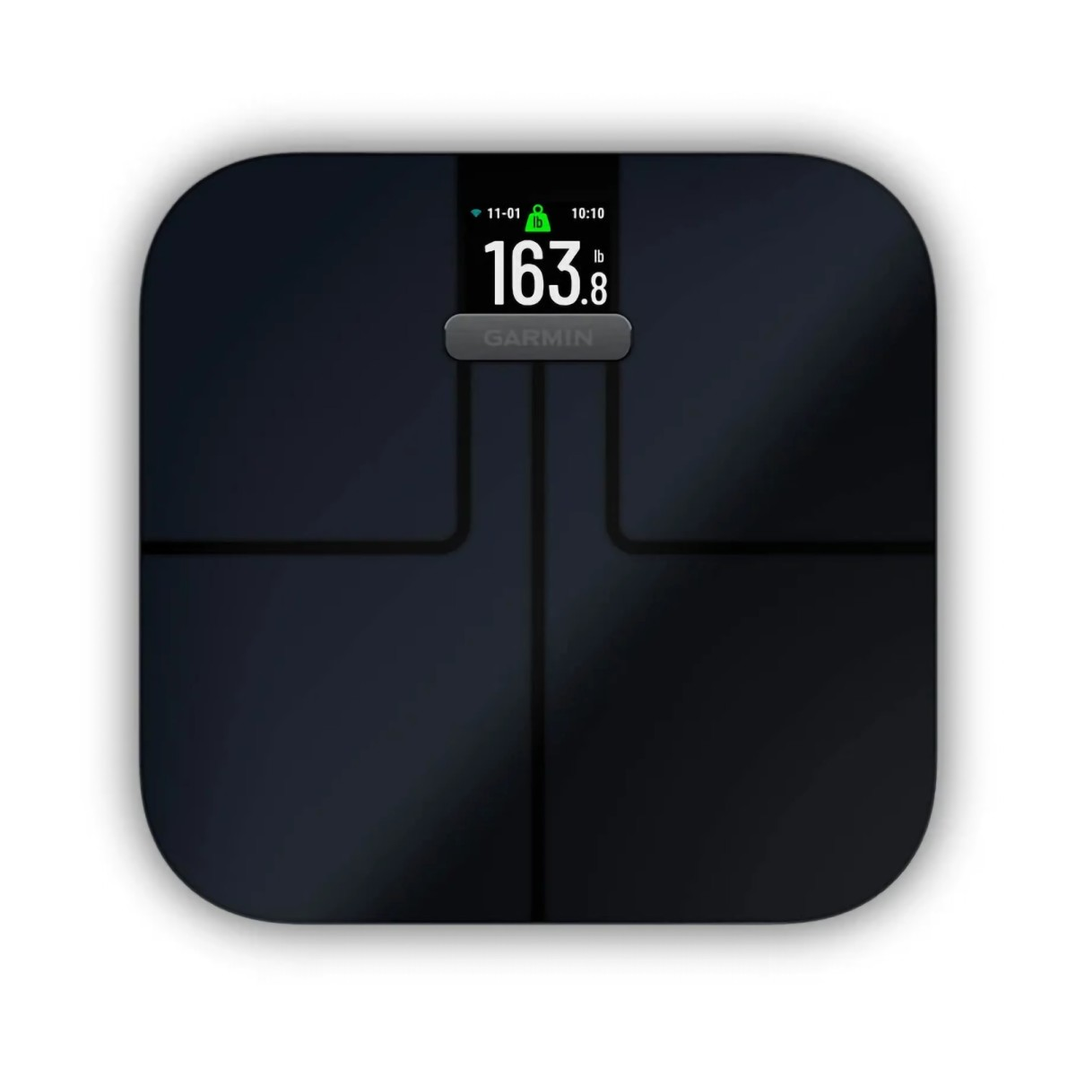 Una bilancia intelligente Garmin nera con un display digitale che mostra 163.8 lb.