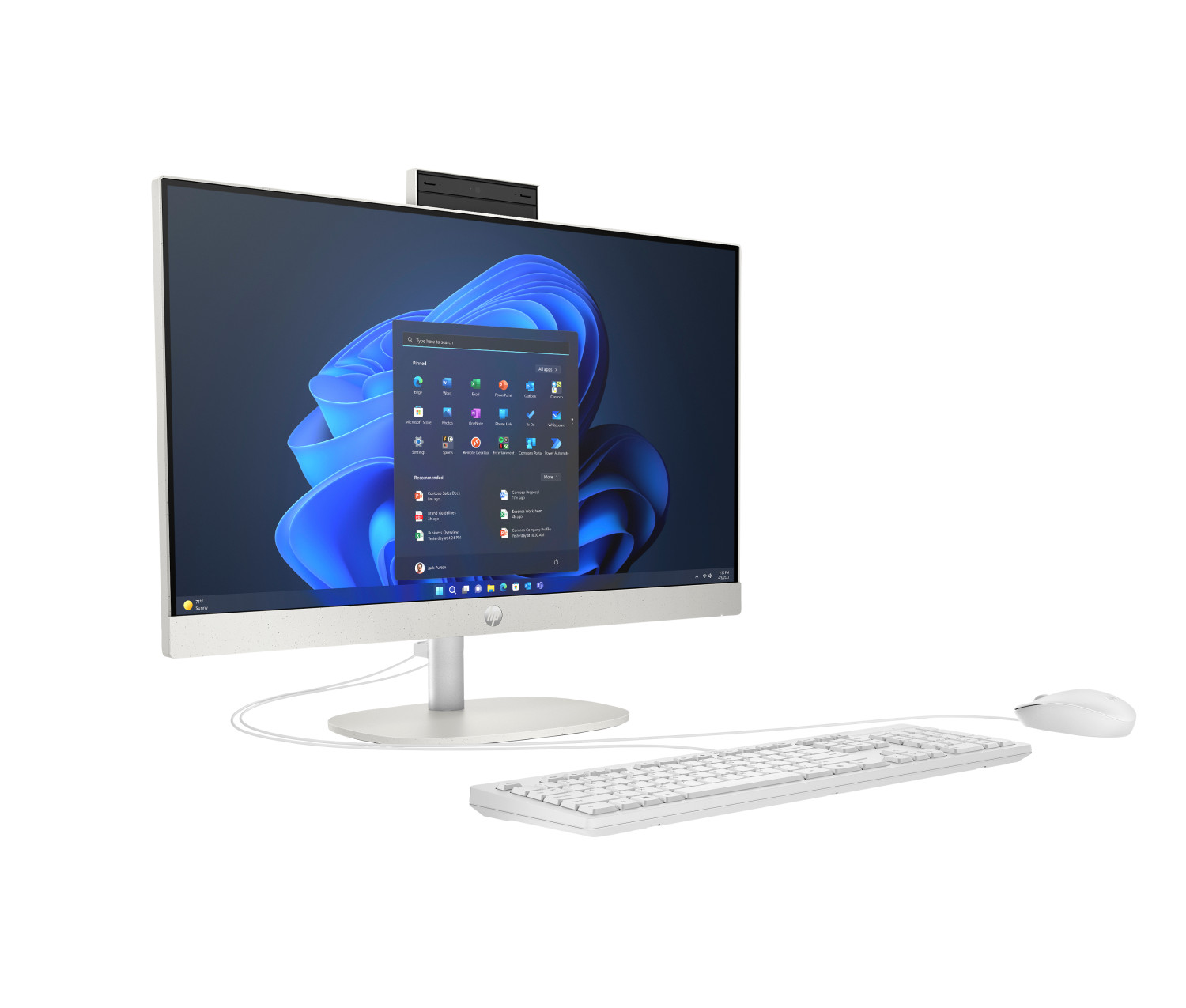 Un computer desktop all-in-one bianco con tastiera e mouse su sfondo bianco.