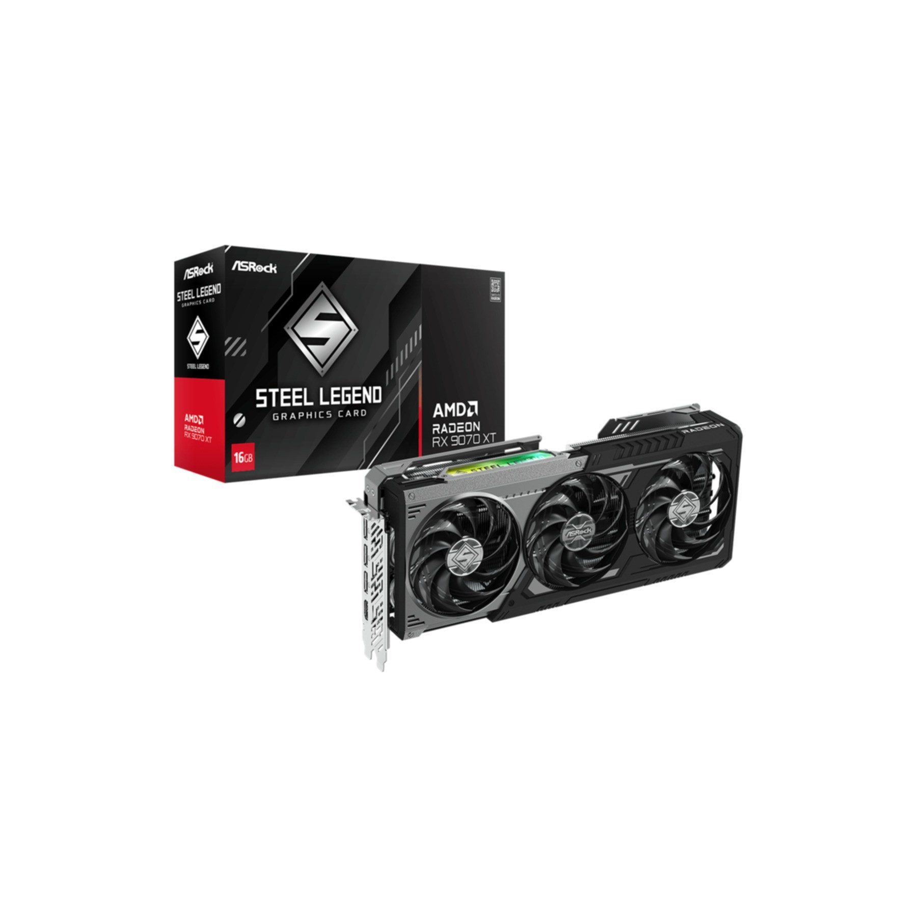 Czarna karta graficzna ASRock Radeon z trzema wentylatorami przed pudełkiem.