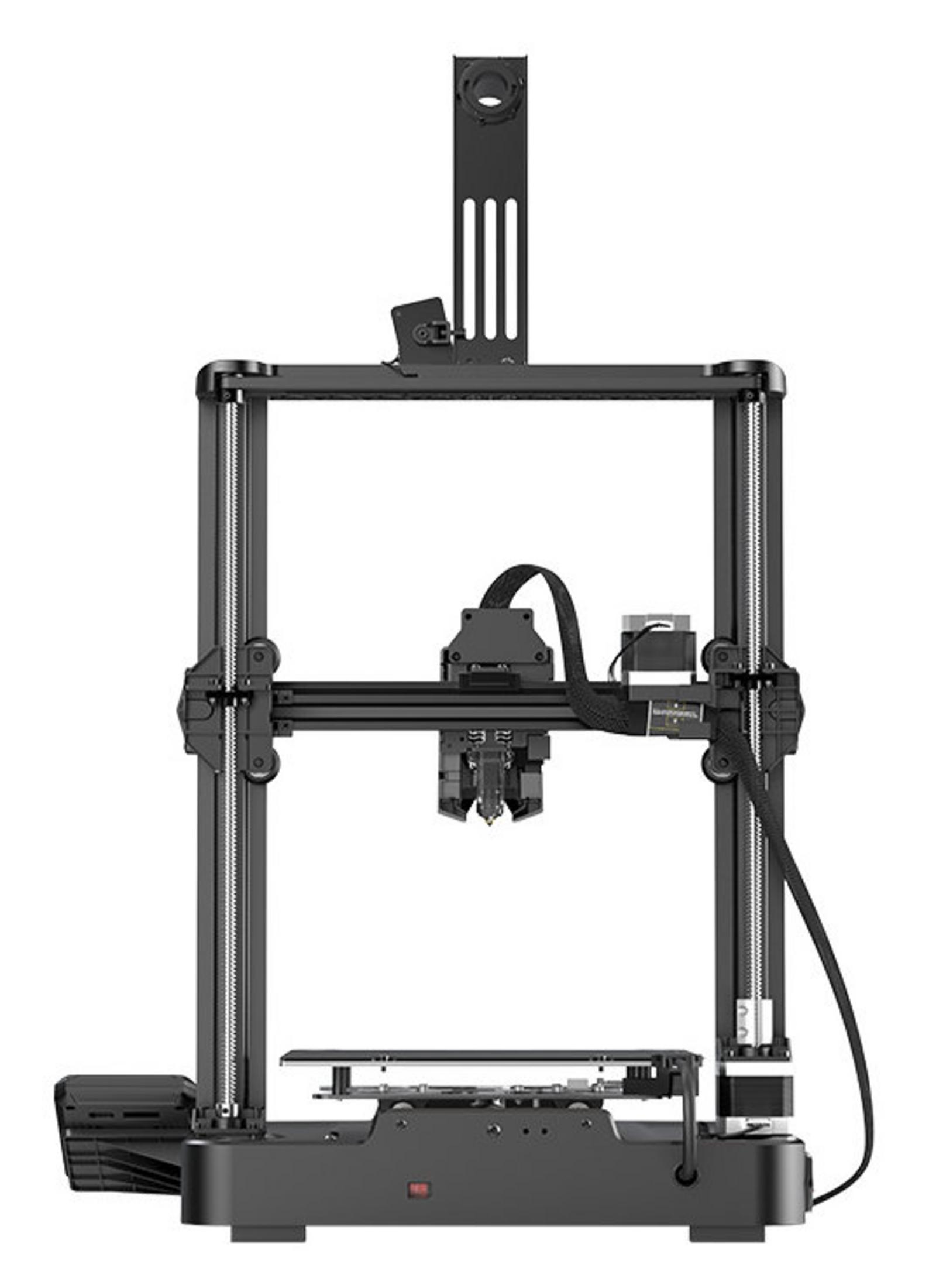 Una stampante 3D nera con telaio in metallo, viti di guida verticali e una testina di stampa.