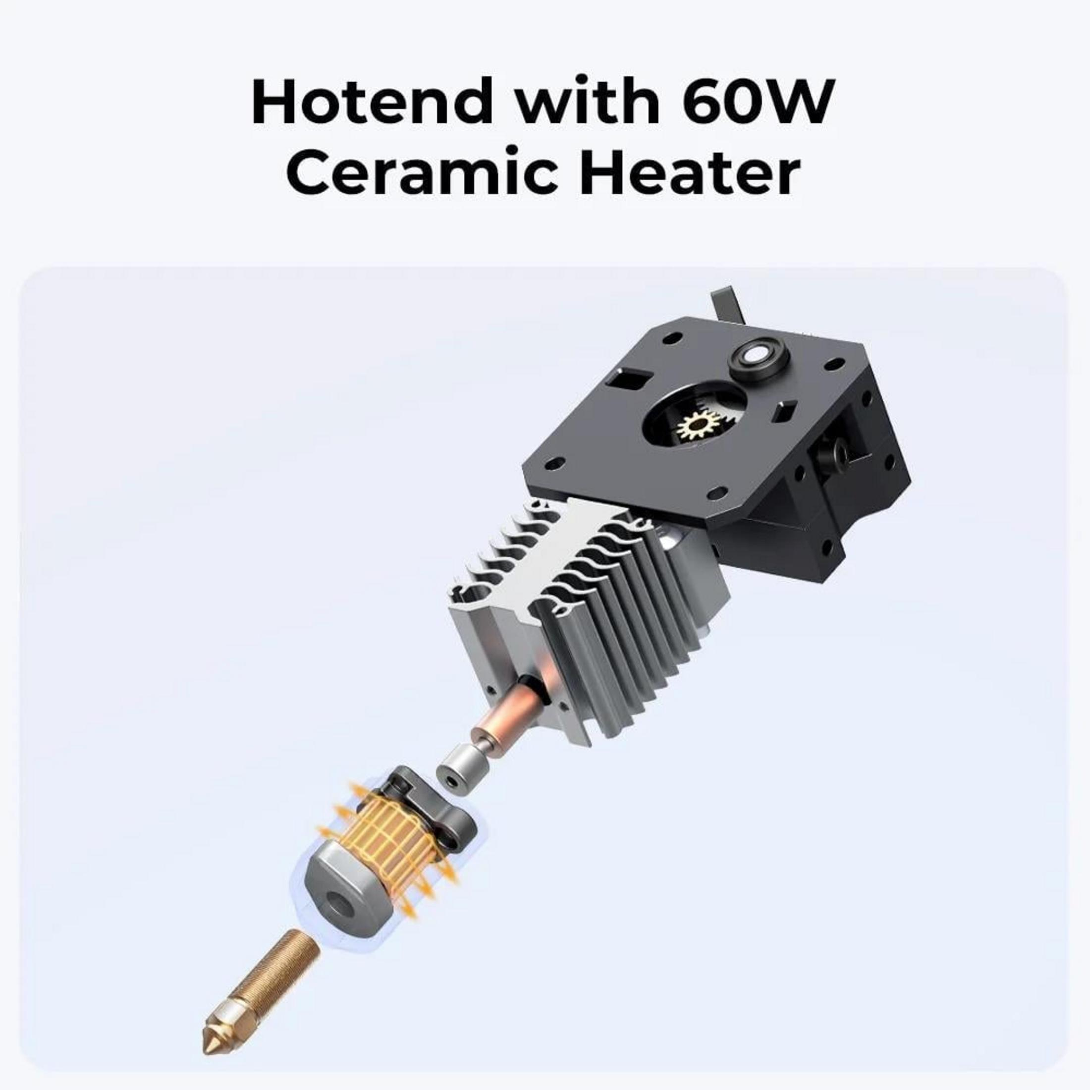 3D-Drucker-Hotend-Diagramm mit einem 60-W-Keramikheizer und seinen internen Komponenten.