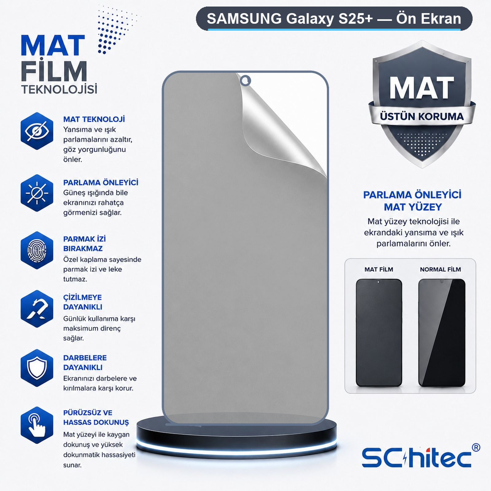 Mat Samsung Galaxy S25+ ekran koruyucu reklamı, simgeler ve özellik metinleriyle.