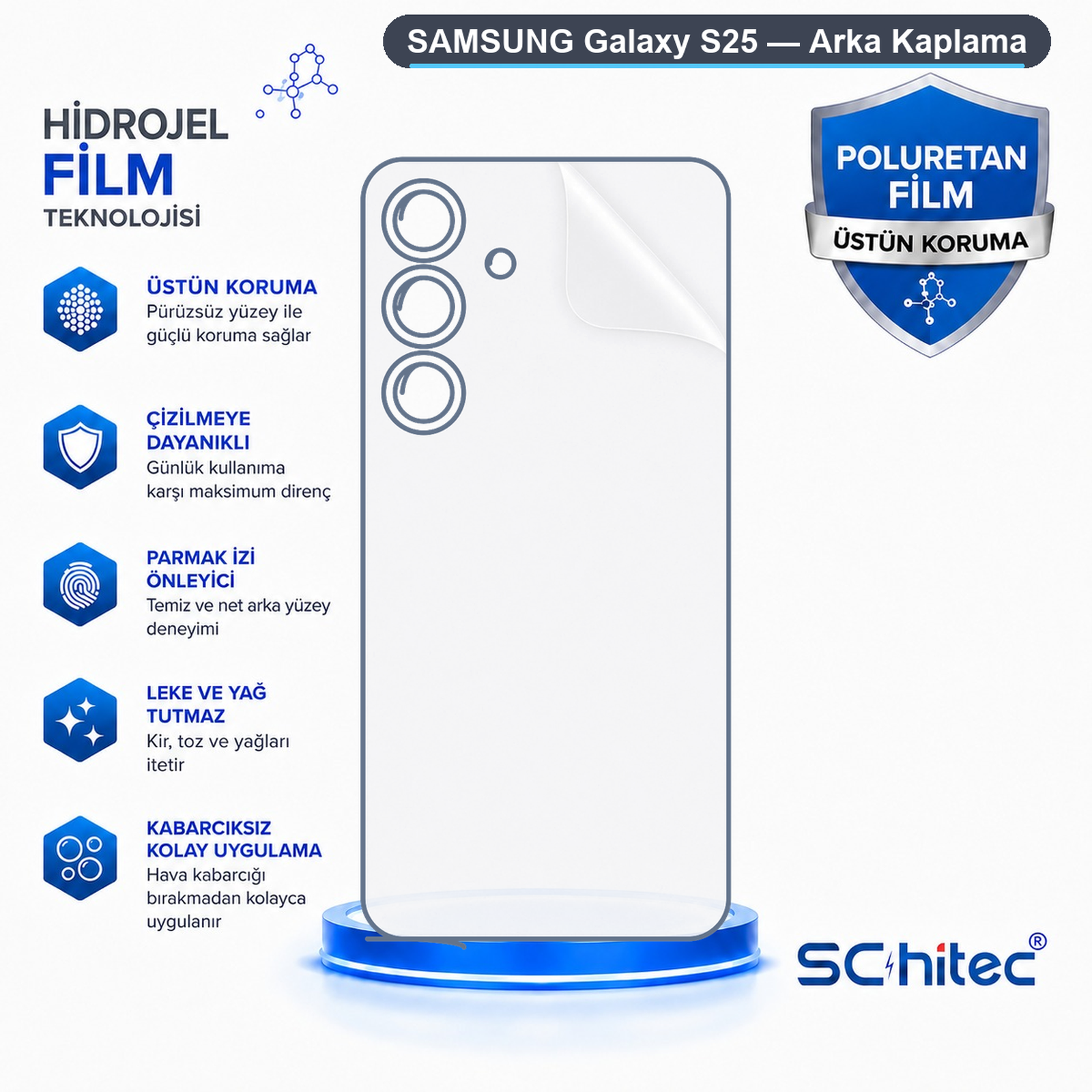 Samsung Galaxy S25 için hidrogel filmi tanıtan, koruma özelliklerini ve kolay kabarcıksız uygulamayı gösteren afiş.