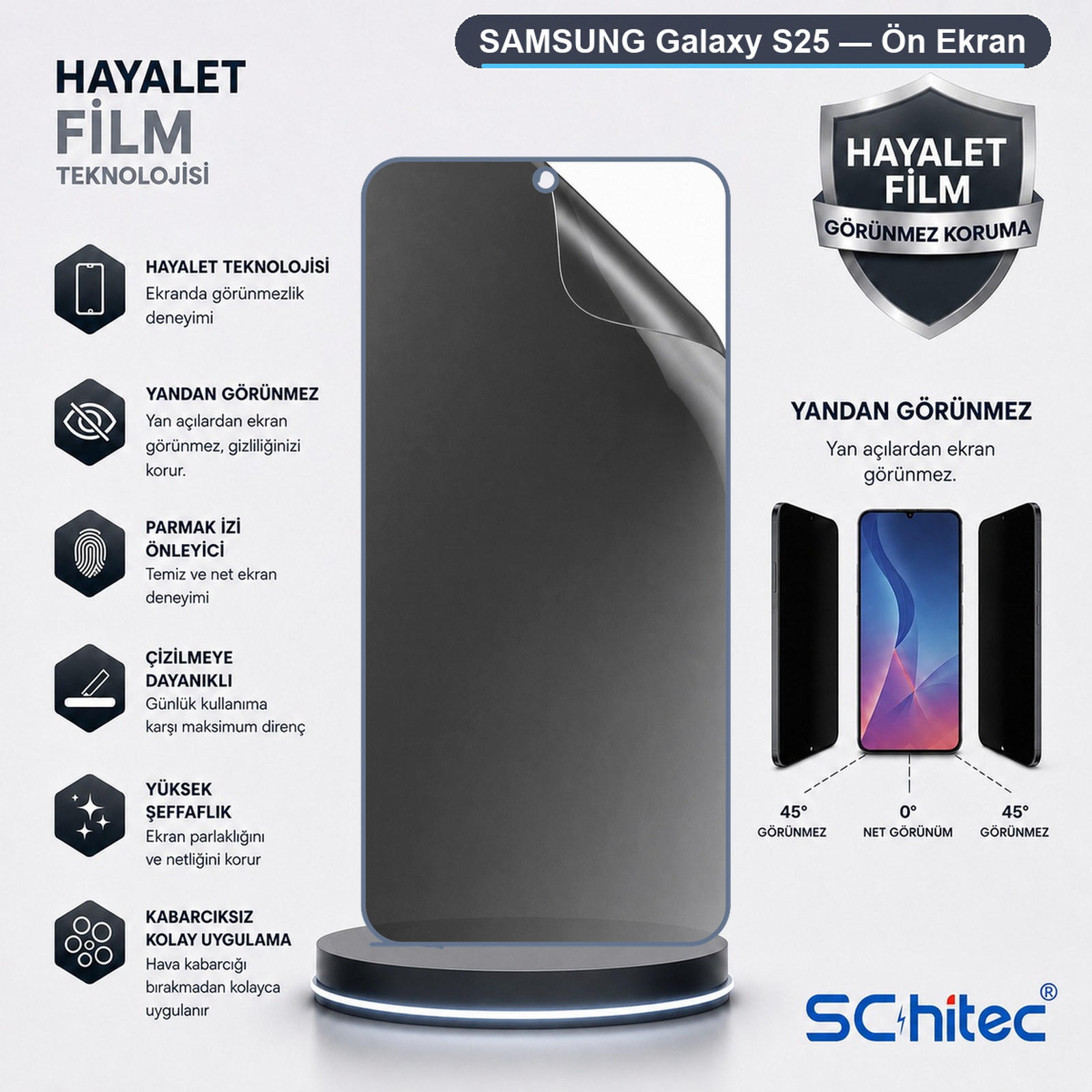 Özellikleri ve görüş açısı grafiğiyle SAMSUNG Galaxy S25 hayalet ekran koruyucu.