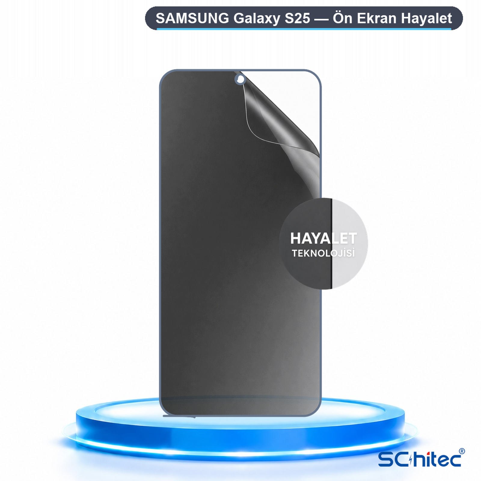Mavi kaide üzerinde Samsung Galaxy S25 ekran koruyucu.