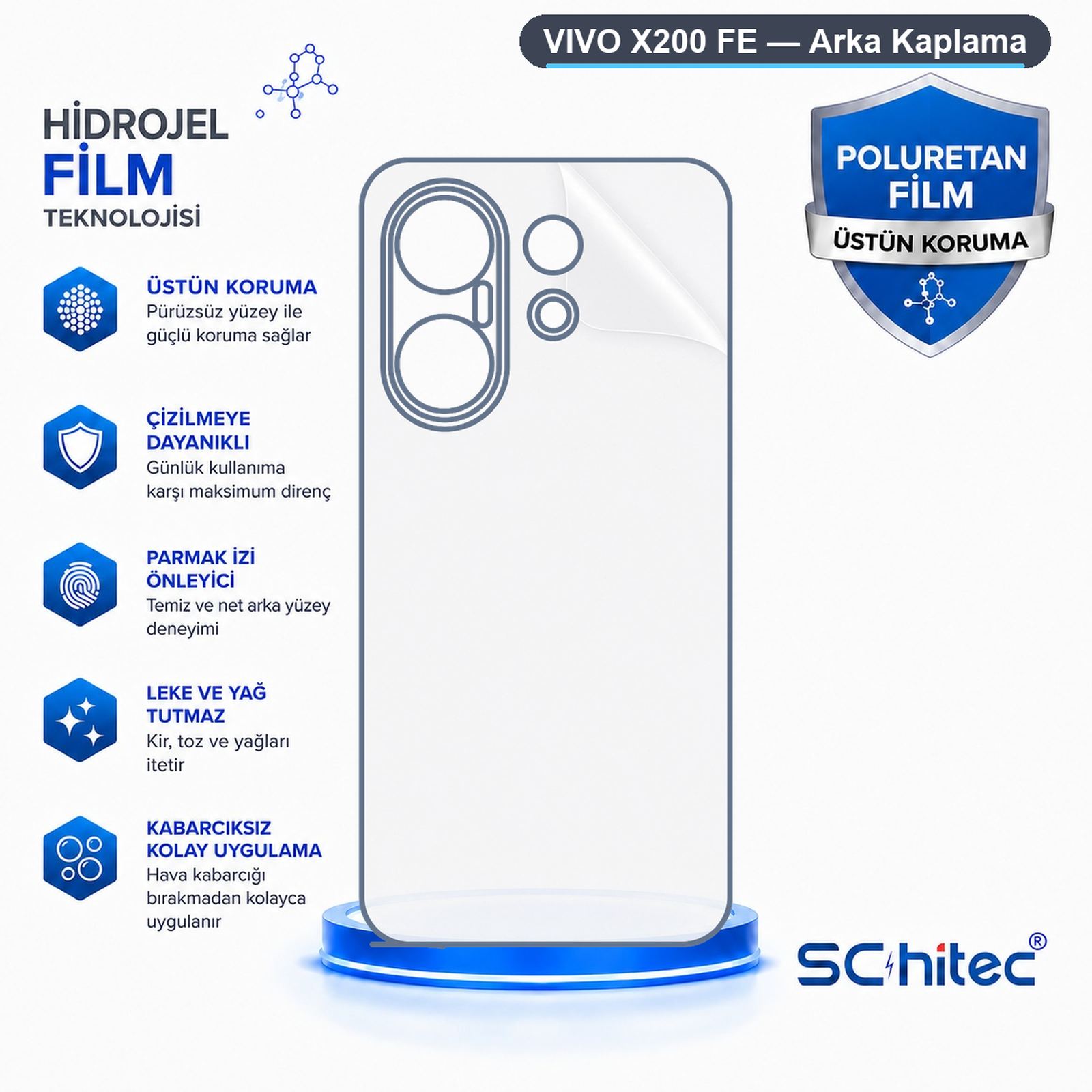 Bir akıllı telefon arka kaplaması için hidrojel filmin özelliklerini gösteren bilgilendirici reklam.