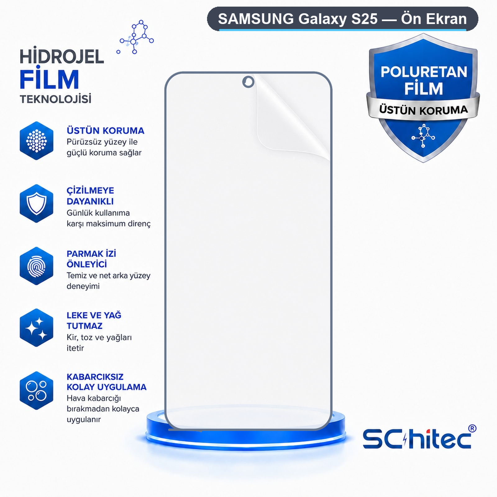 Hidrojel ve poliüretan film teknolojisine sahip Samsung Galaxy S25 ekran koruyucu.