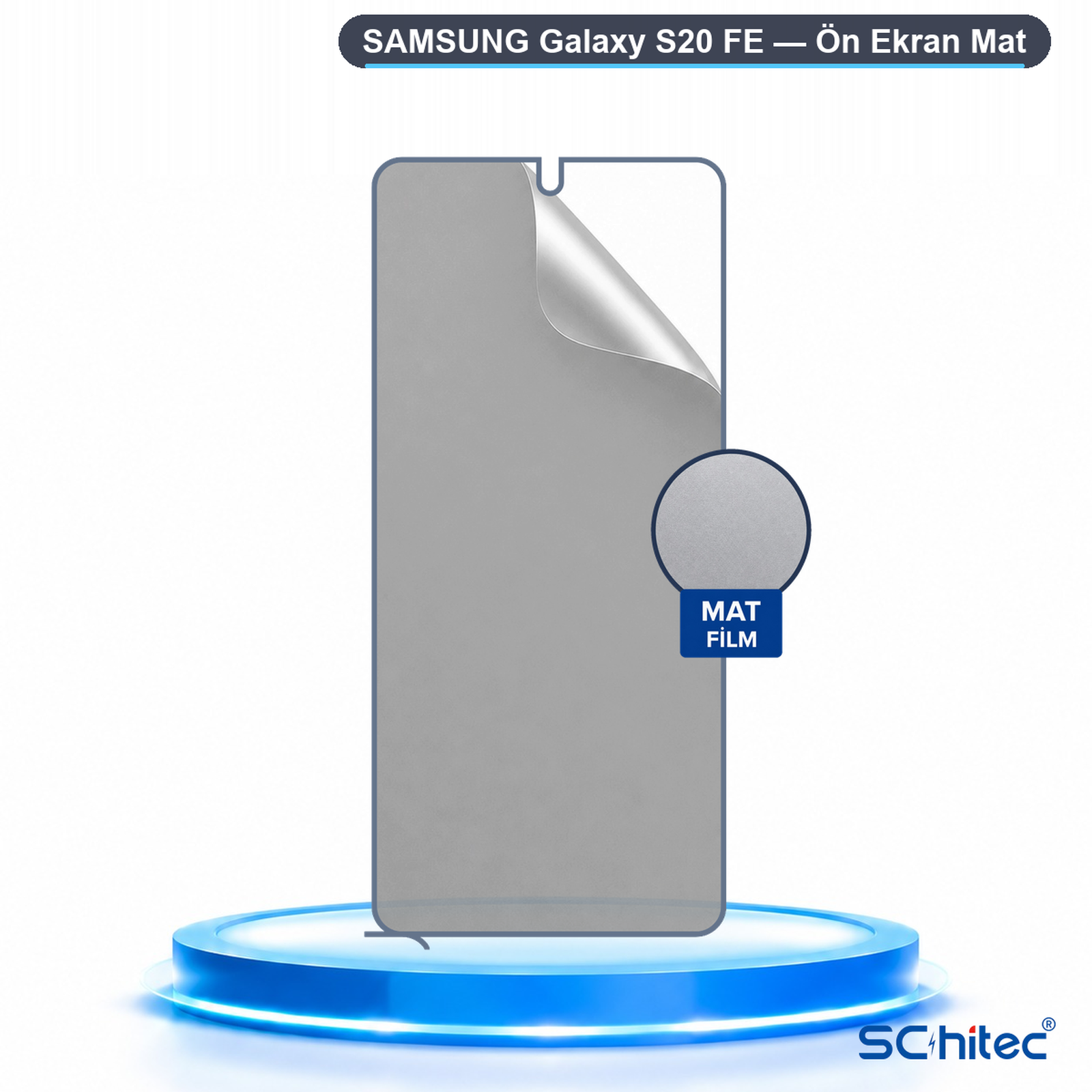 Mavi bir kaide üzerinde mat Samsung Galaxy S20 FE ekran koruyucu.