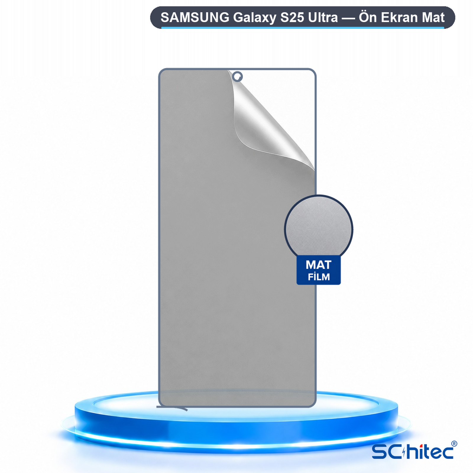 Mavi kaide üzerinde Samsung Galaxy S25 Ultra için mat ekran koruyucu film.