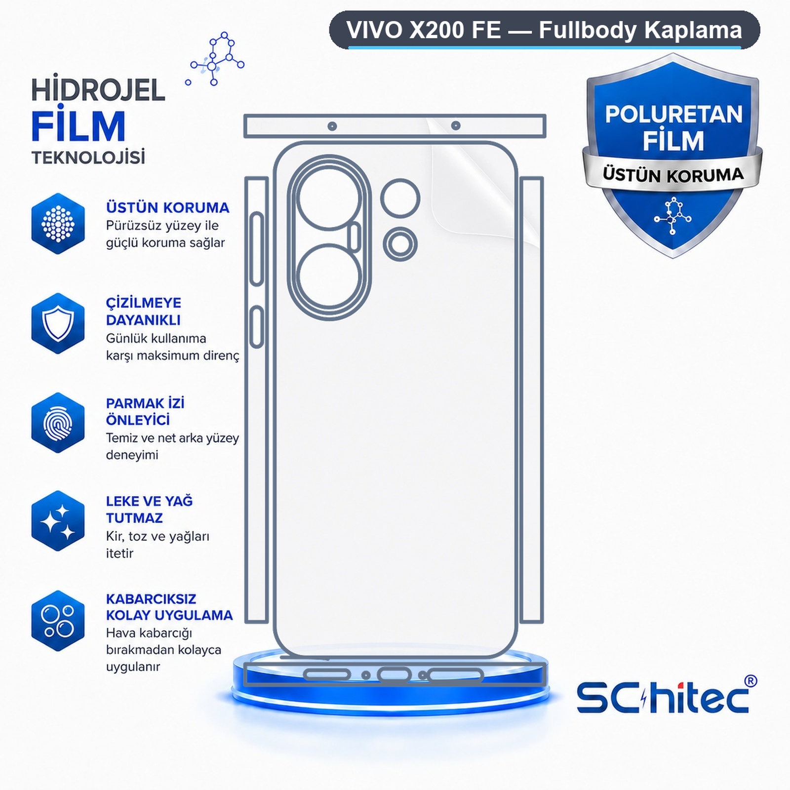 Vivo X200 FE telefonu için hidrojel ve poliüretan film özelliklerini gösteren açıklayıcı infografik.