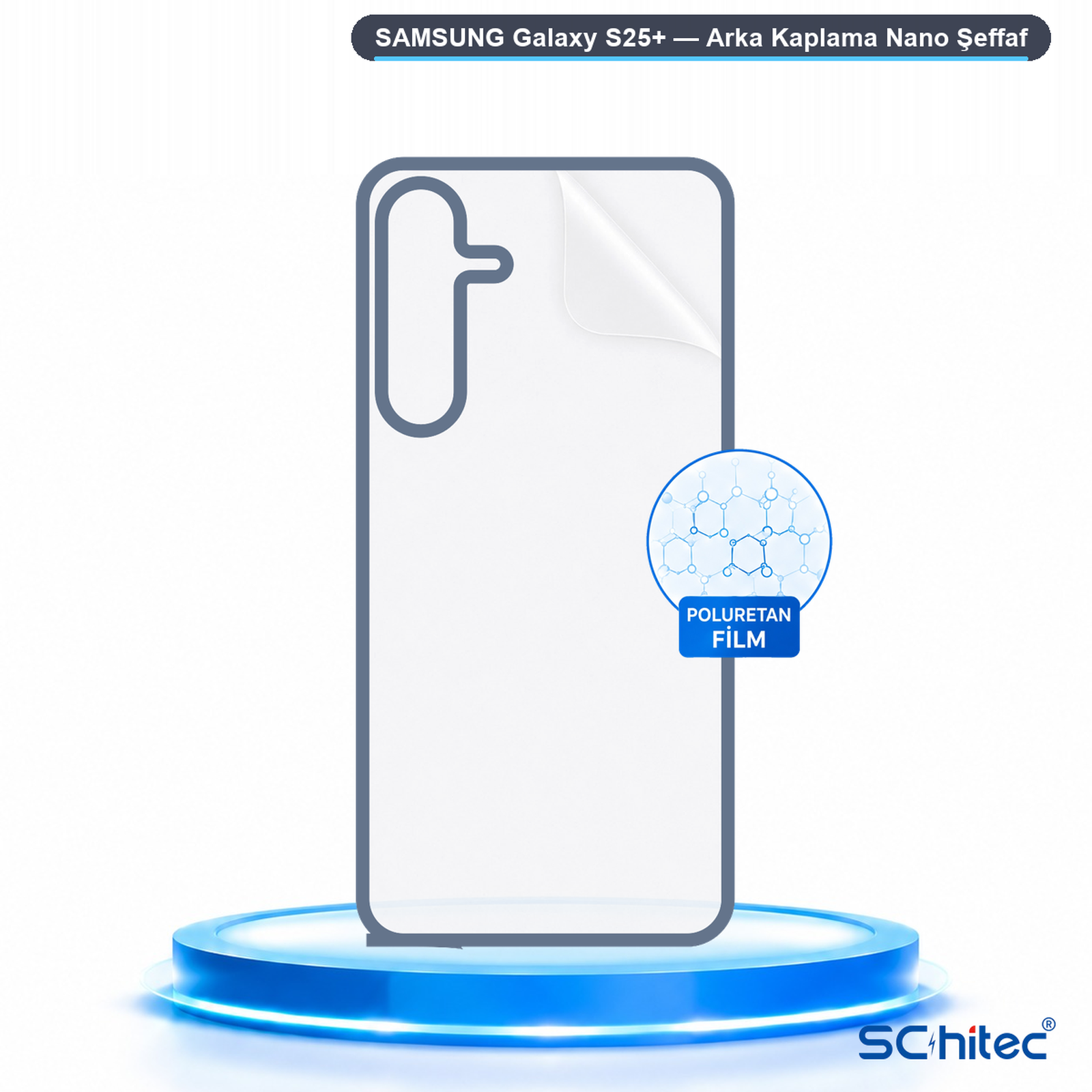 Mavi kürsü üzerinde Samsung Galaxy S25+ için şeffaf arka koruyucu film.