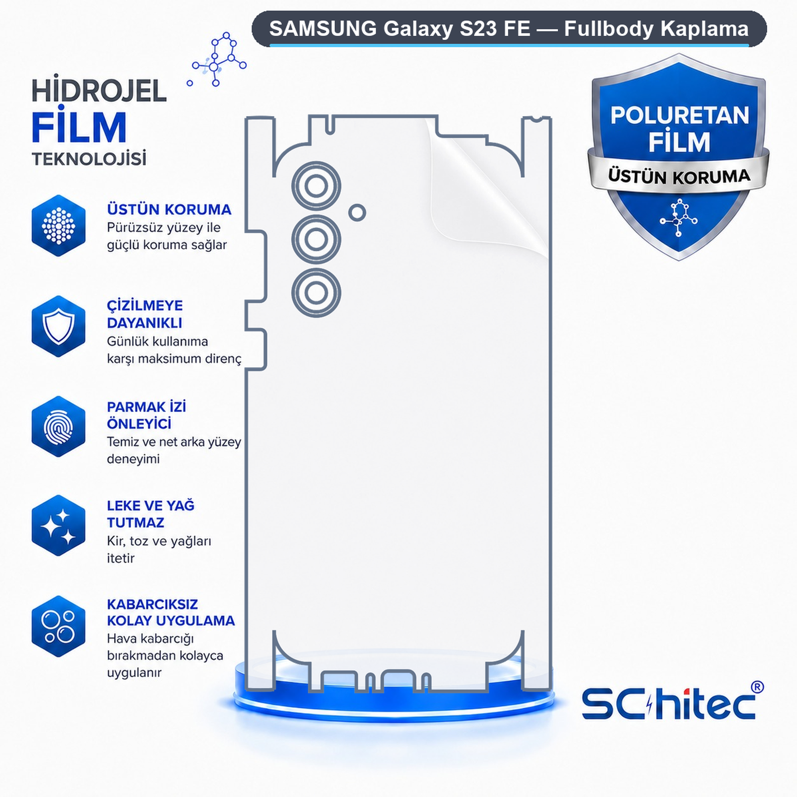 Samsung Galaxy S23 FE için hidrojel ve poliüretan film korumasını gösteren açıklayıcı görsel.