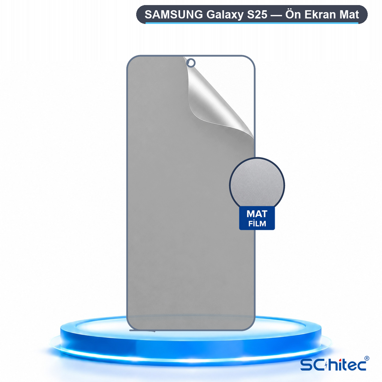 Mavi kaide üzerinde Samsung Galaxy S25 için mat ekran koruyucu.