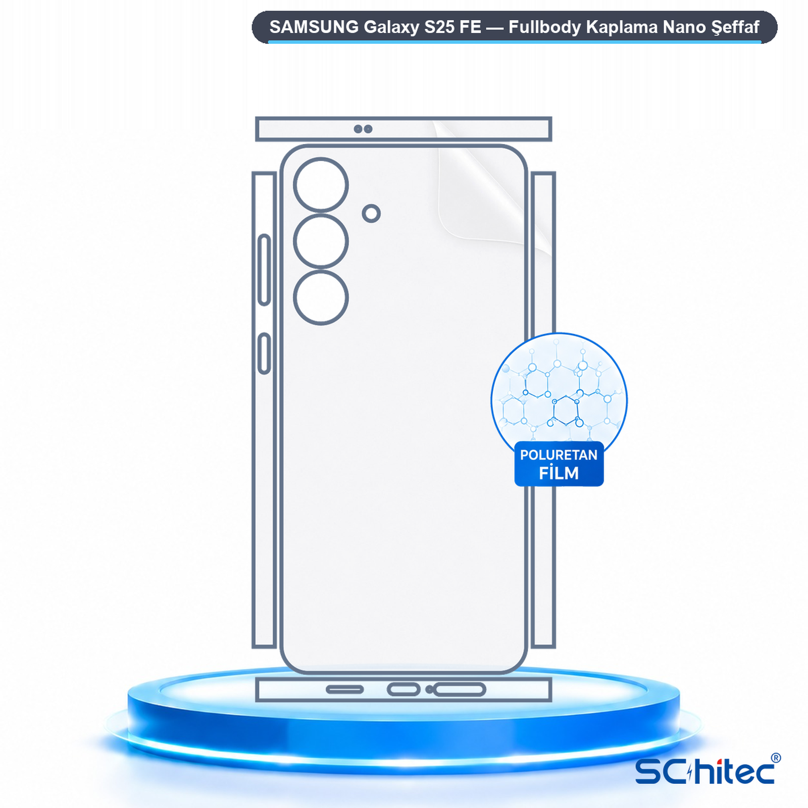 Mavi bir kaide üzerinde şeffaf Samsung Galaxy S25 FE poliüretan film şeması.