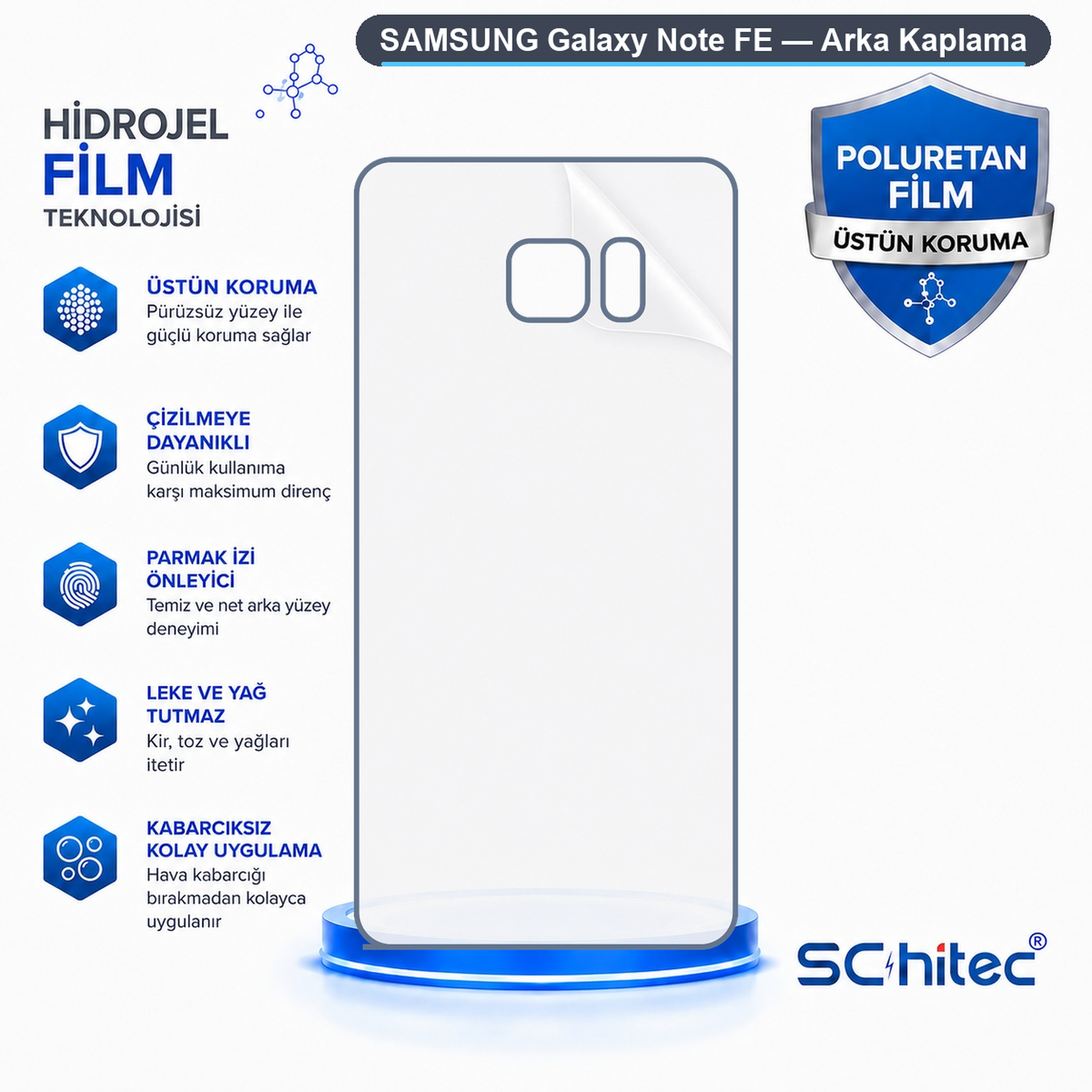 Beyaz arka planda mavi logolar, yazılar ve ürün özellikleri bulunan Samsung Galaxy Note FE koruyucu film reklamı.
