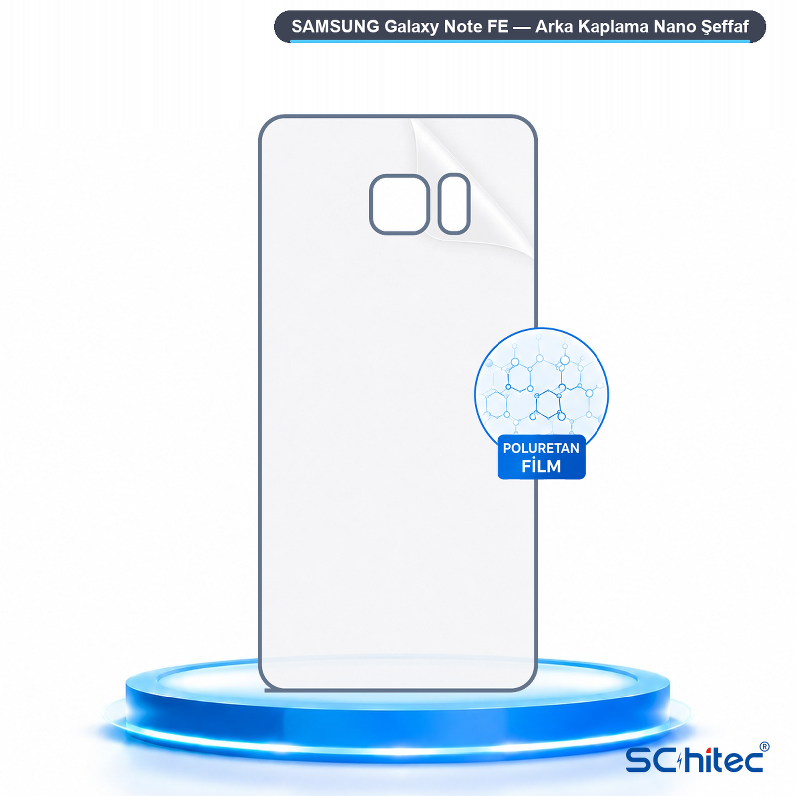 Mavi kaide üzerinde Samsung Galaxy Note FE için şeffaf koruyucu film.