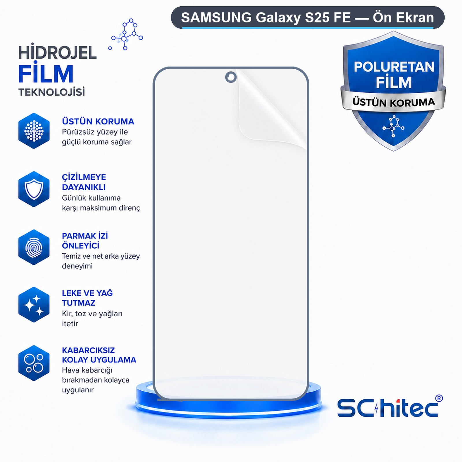 Samsung Galaxy S25 FE ekran koruyucu için özellik simgeleri içeren bir reklam.