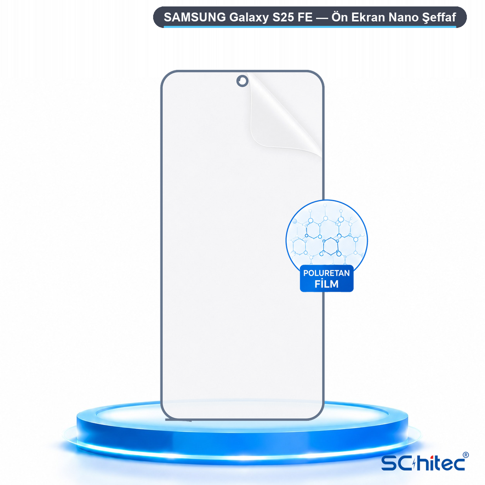 Parlak mavi bir podyum üzerinde Samsung Galaxy S25 FE için şeffaf ekran koruyucu.