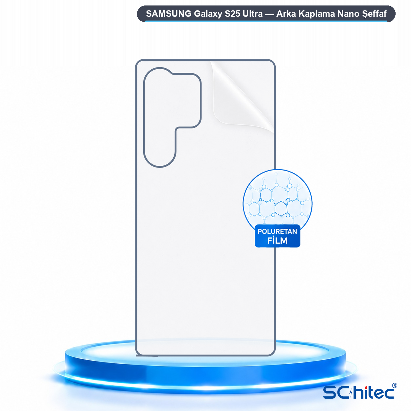 Mavi podyum üzerinde Samsung Galaxy S25 Ultra için şeffaf arka kaplama.