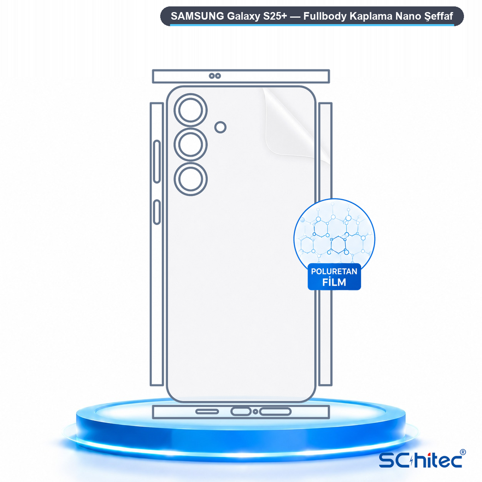 Mavi bir podyum üzerinde Samsung Galaxy S25+ için şeffaf poliüretan koruyucu film şeması.
