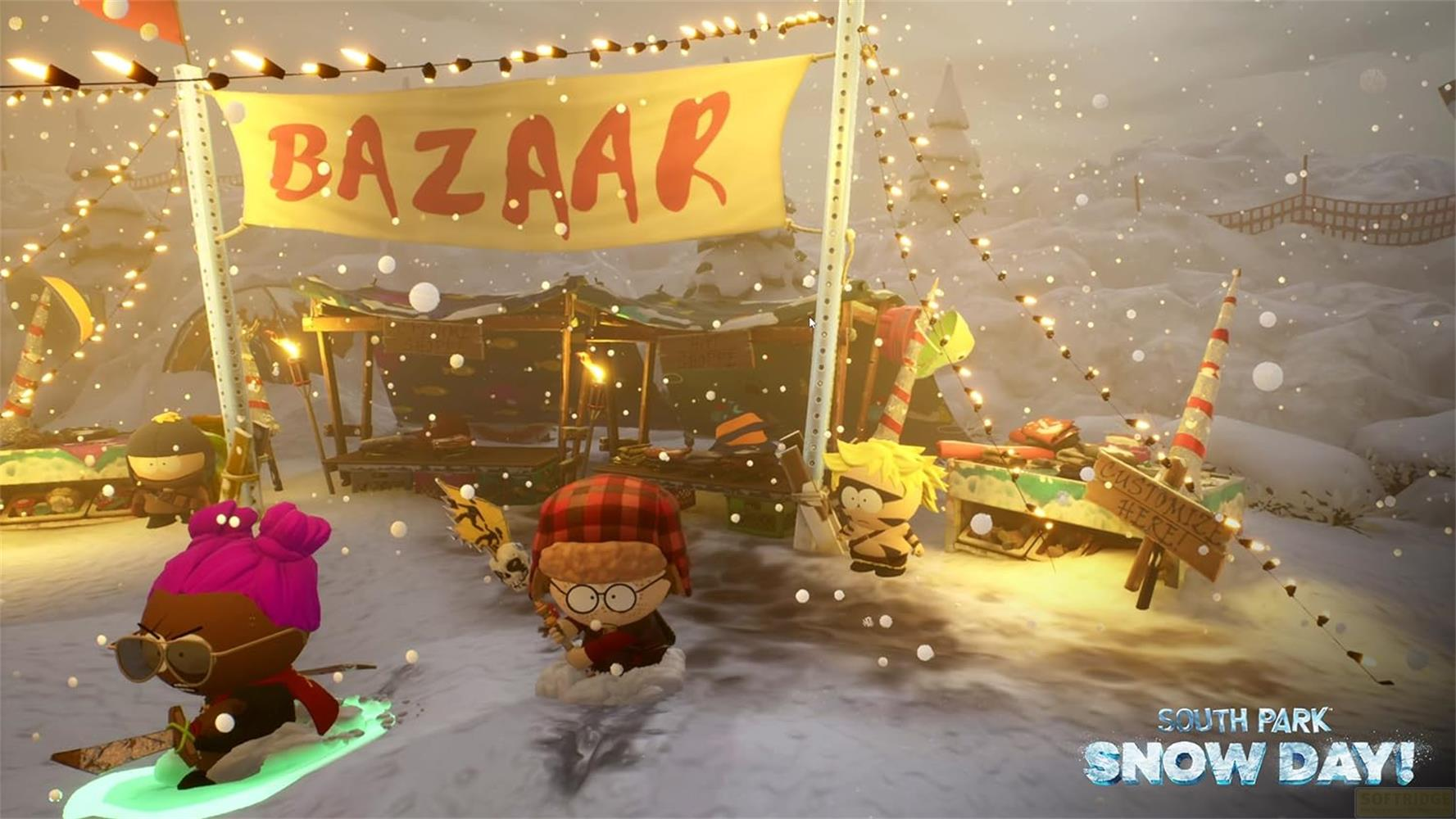 Quatre personnages de South Park dans un bazar enneigé avec des étals, des guirlandes et une bannière jaune BAZAAR.