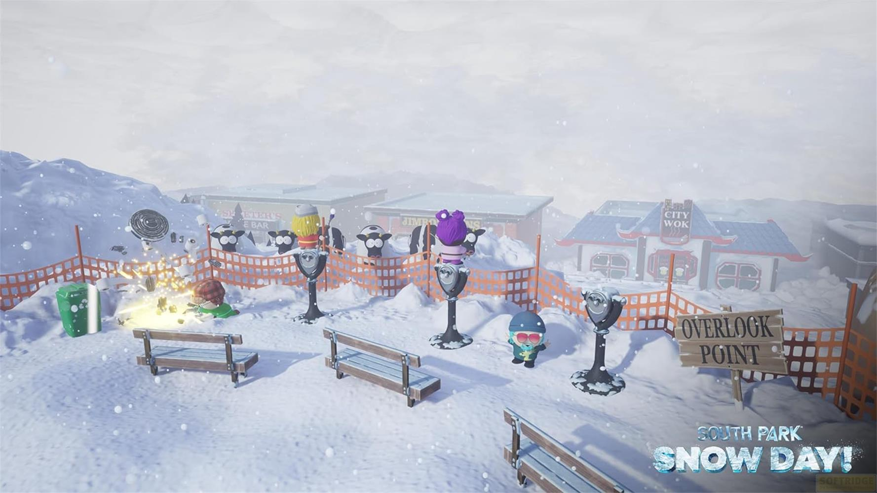 belvédère enneigé de South Park : Snow Day avec des personnages, des bancs et City Wok en arrière-plan
