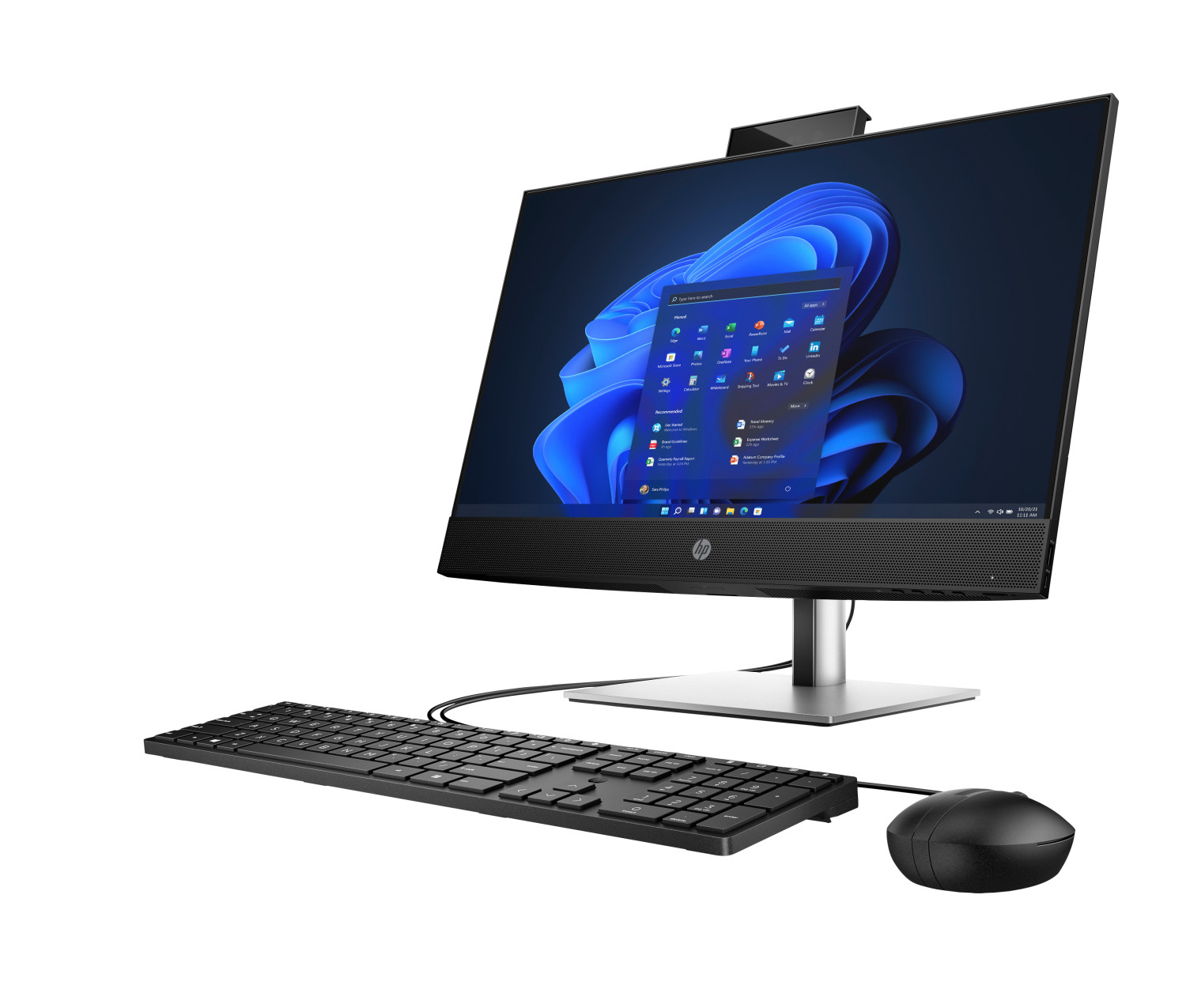 Un computer all-in-one con schermo Windows blu, tastiera e mouse su uno sfondo bianco.