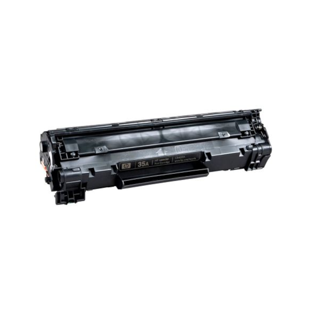 Beyaz arka planda siyah HP 35A lazer yazıcı toner kartuşu.