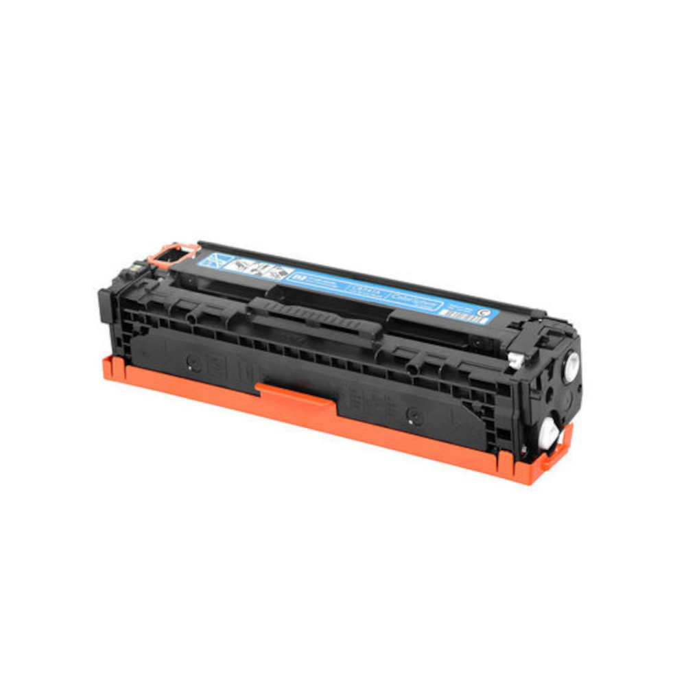 Beyaz arka planda mavi detaylı ve turuncu koruyucu tabanlı siyah lazer toner kartuşu.