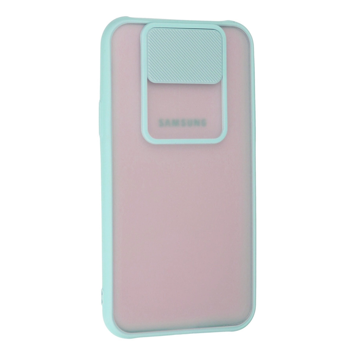 Beyaz arka planda sürgülü kamera kapaklı ve yarı saydam arka yüzeyli pastel nane yeşili telefon kılıfı.
