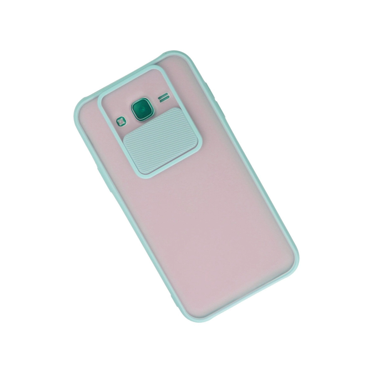 Beyaz arka planda kamera kapaklı nane yeşili koruyucu kılıf içinde pembe akıllı telefon.