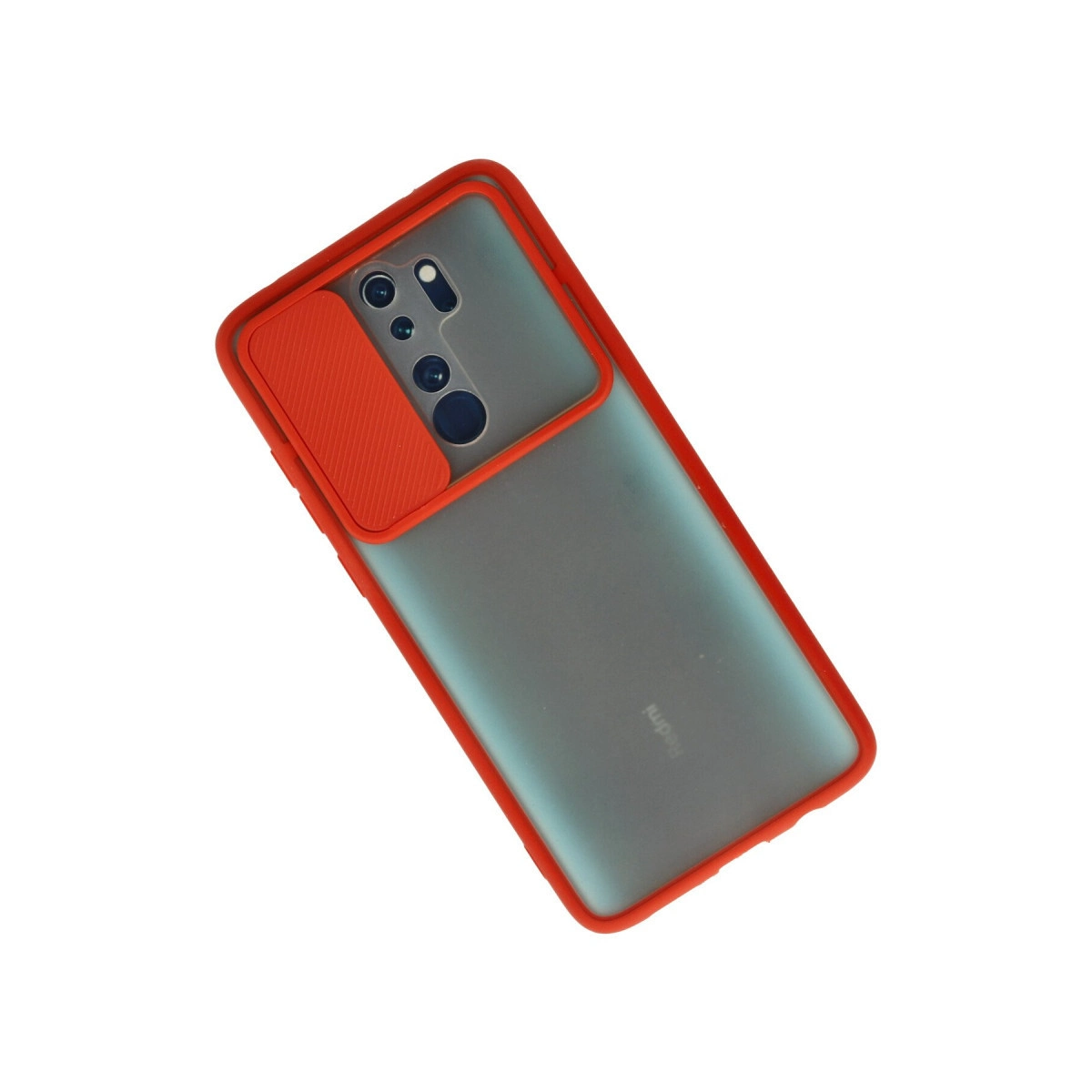 Beyaz arka planda kırmızı çerçeveli ve kaydırılabilir kamera kapaklı şeffaf kılıflı bir akıllı telefon.
