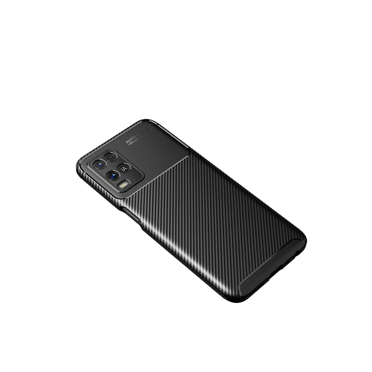 Beyaz arka planda karbon fiber dokulu kılıfa sahip siyah akıllı telefon, arka kamerası görünüyor.