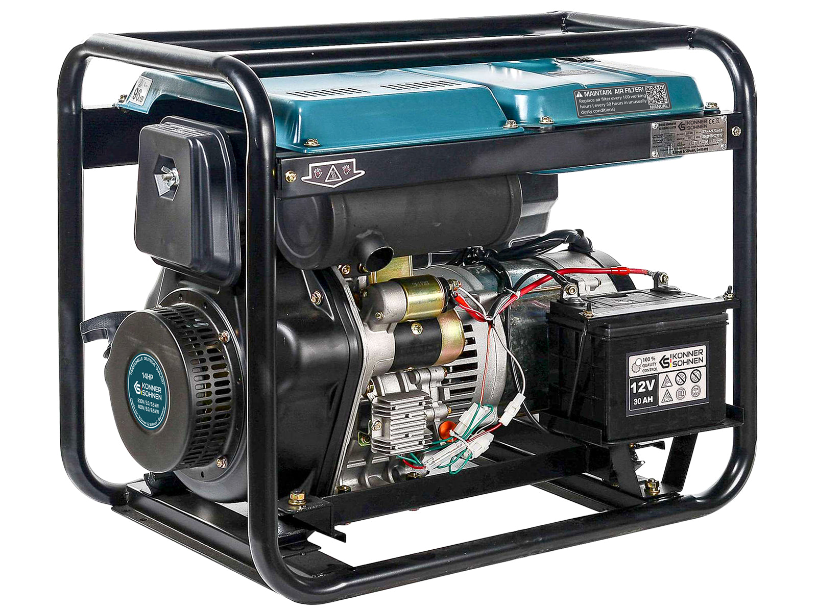 Un generatore portatile con telaio nero, serbatoio blu e batteria da 12V collegata su sfondo bianco.
