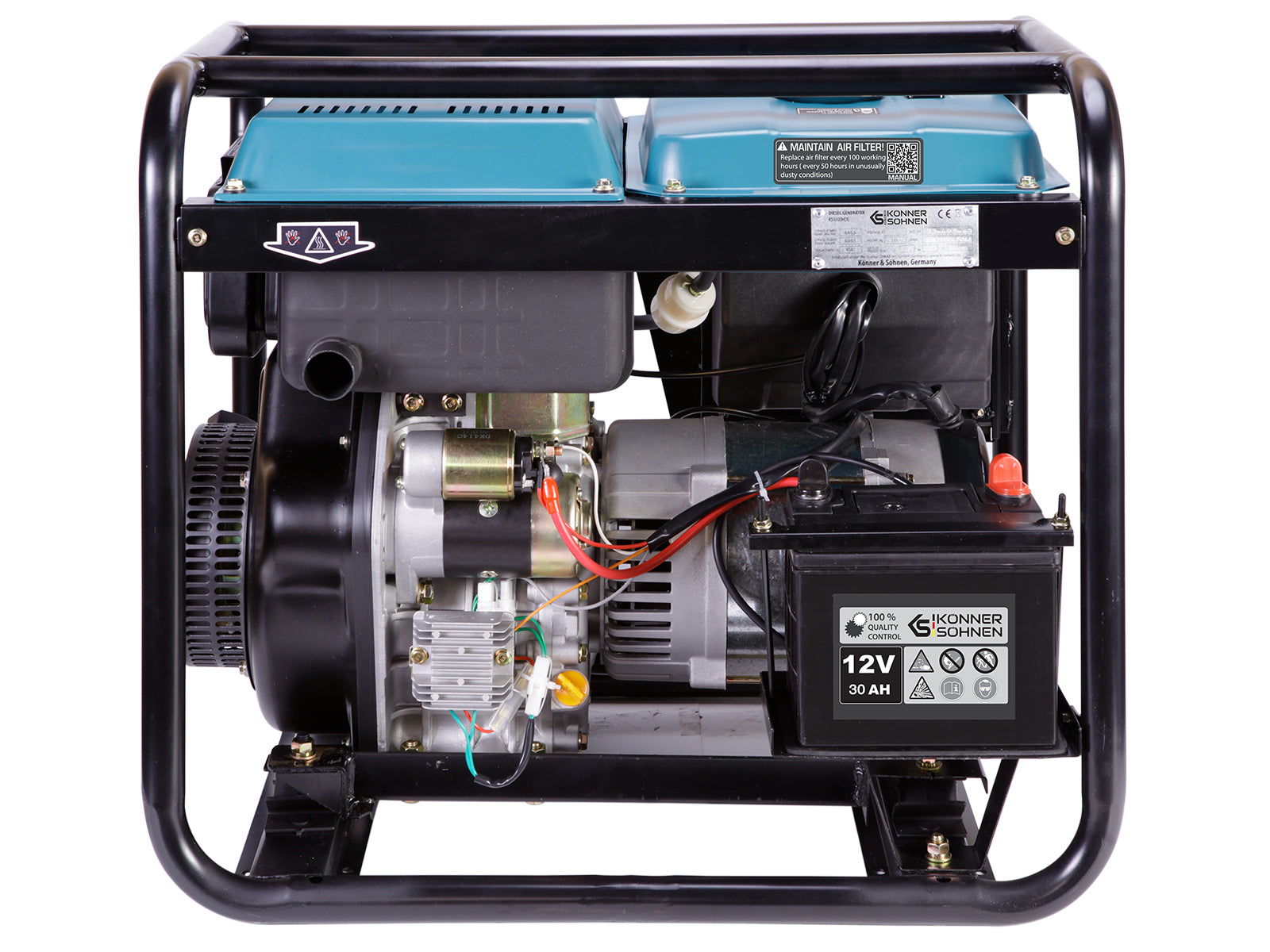 Un generatore diesel portatile in un telaio di metallo nero con coperture blu e una batteria da 12V in basso a destra.