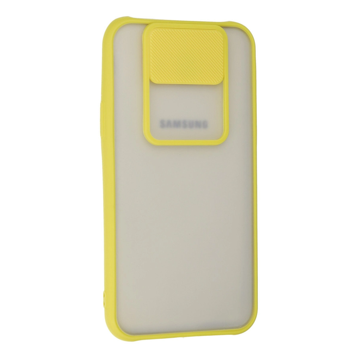 Arka tarafında kaydırmalı kamera kapağı bulunan mat sarı Samsung telefon kılıfı.