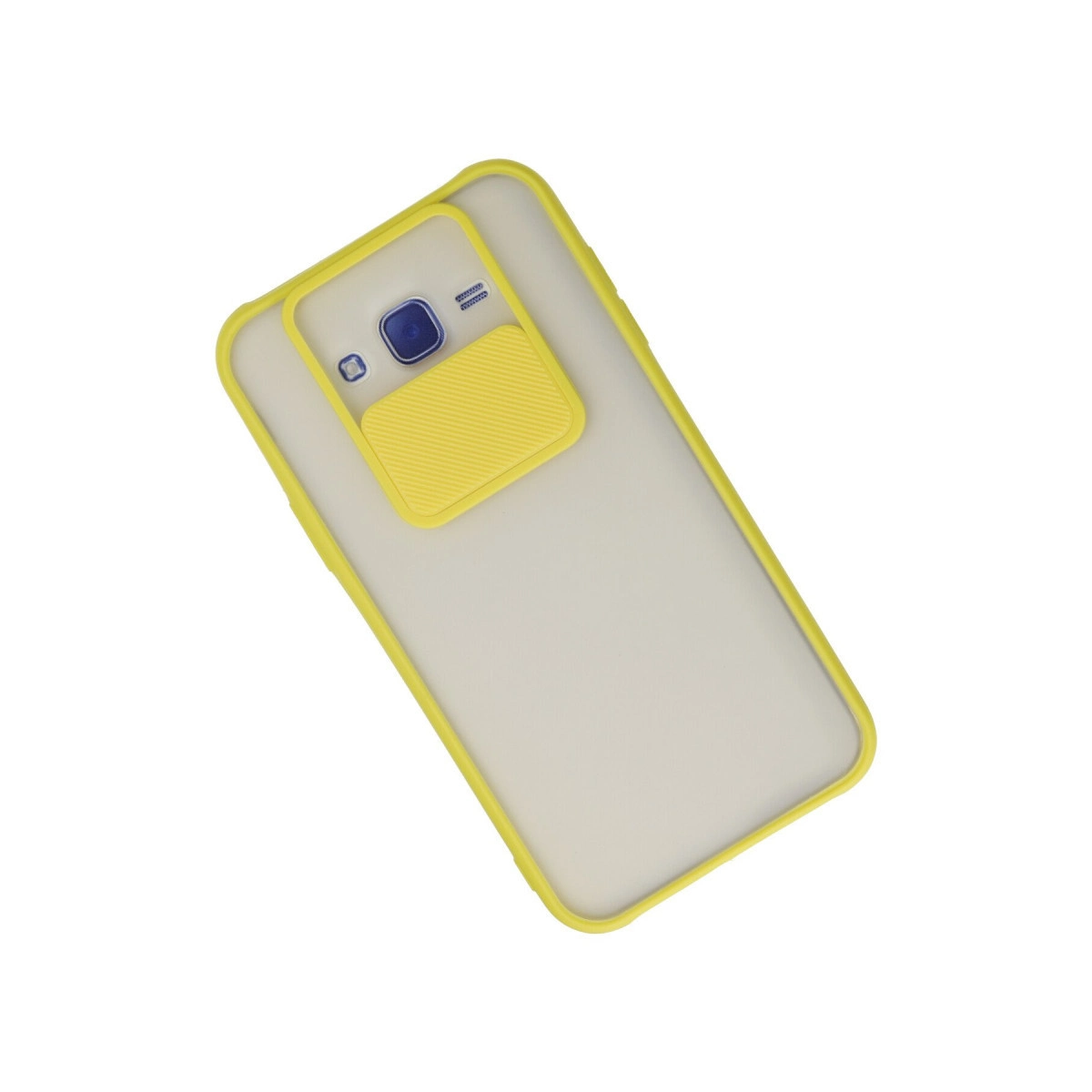 Sarı çerçeveli ve kayar kamera kapaklı mat koruyucu kılıf içindeki bir akıllı telefon.