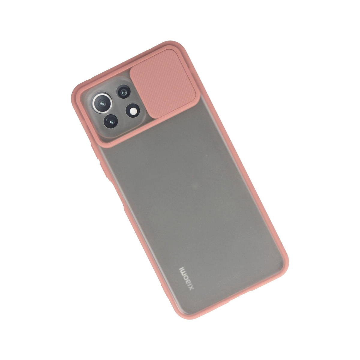 Kamera sürgülü ve mat arka yüzlü pembe akıllı telefon kılıfı.