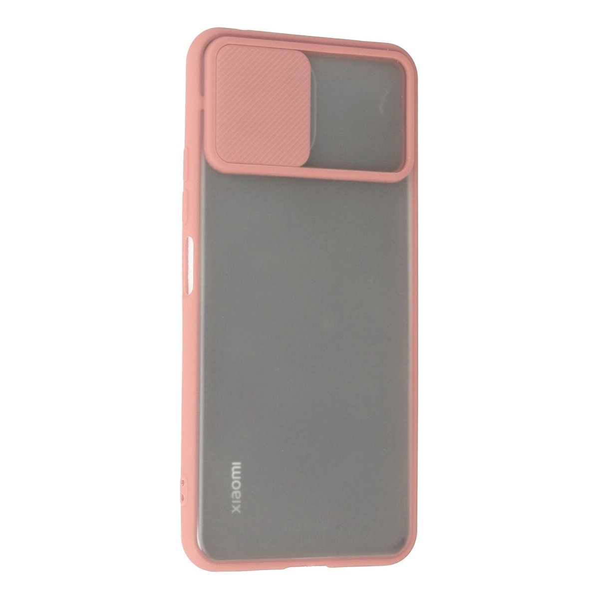 Yarı saydam arka yüzeye ve kayar kamera kapağına sahip pembe akıllı telefon kılıfı.