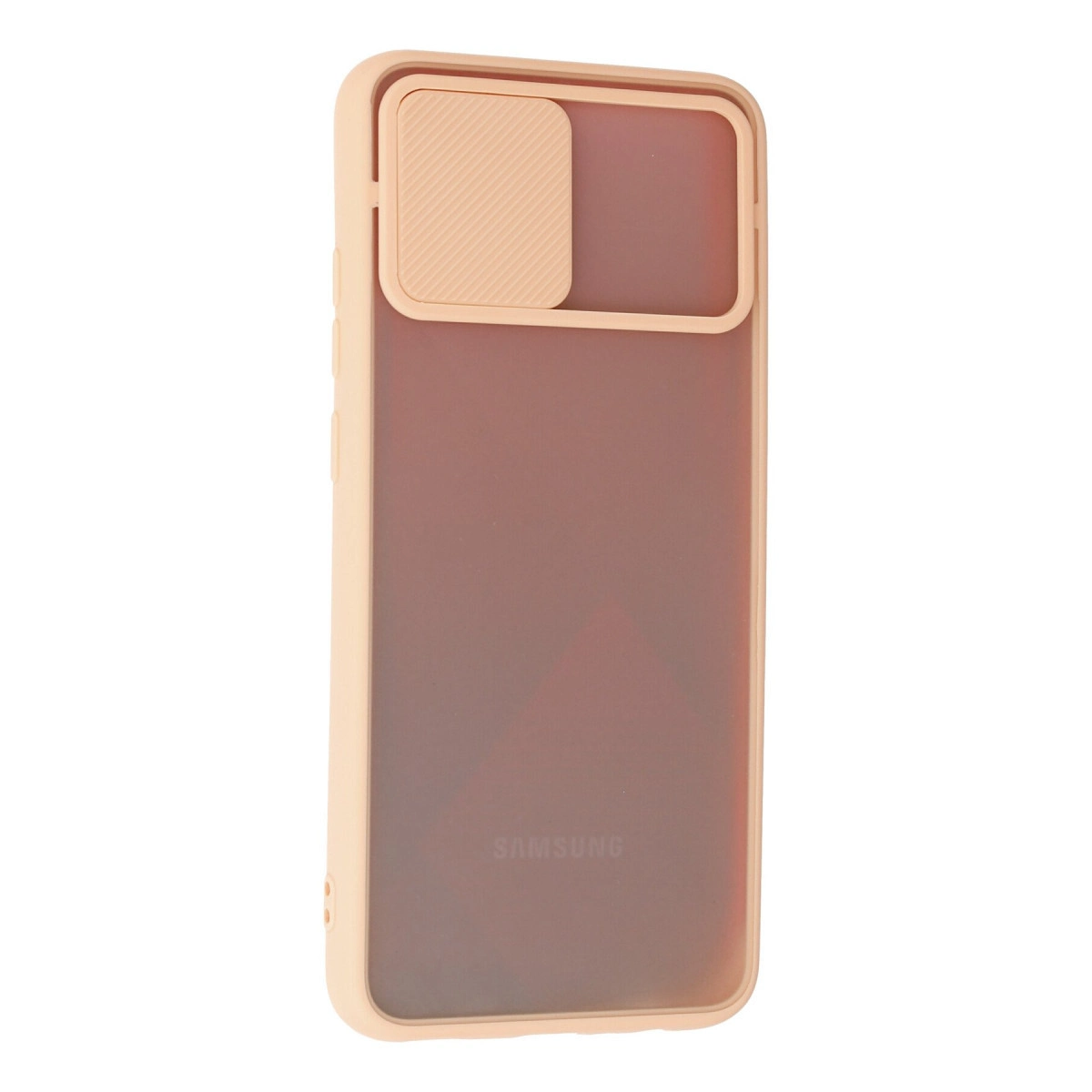 Arkasında sürgülü kamera kapağı olan pembe bir akıllı telefon kılıfı.