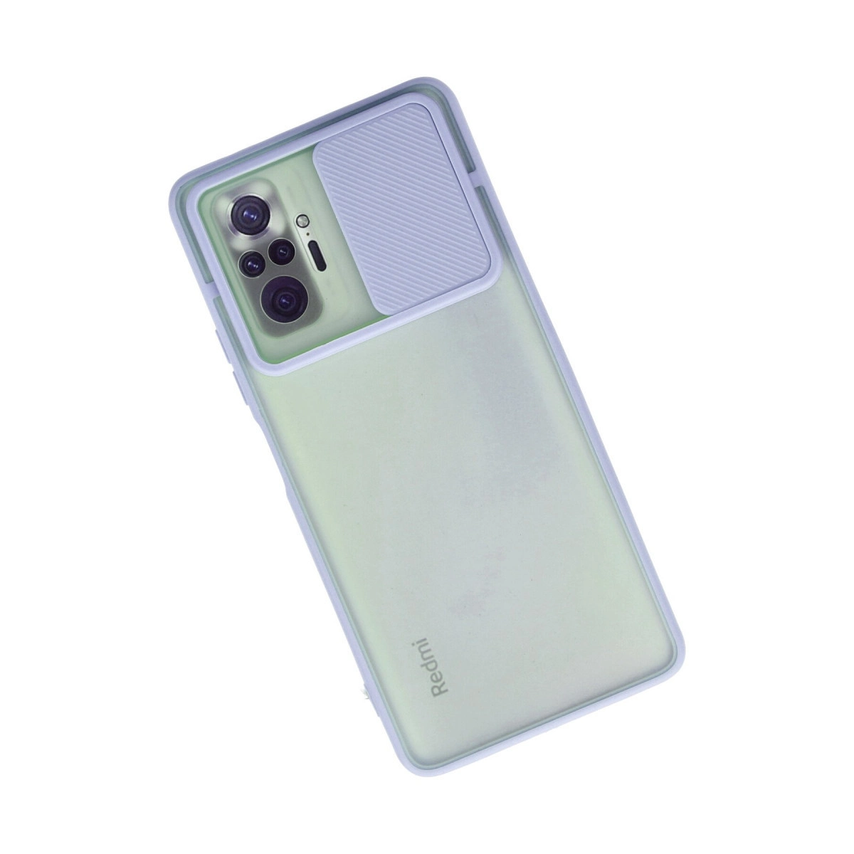 Sürgülü kamera kapaklı kılıf içinde yeşil Redmi akıllı telefon.