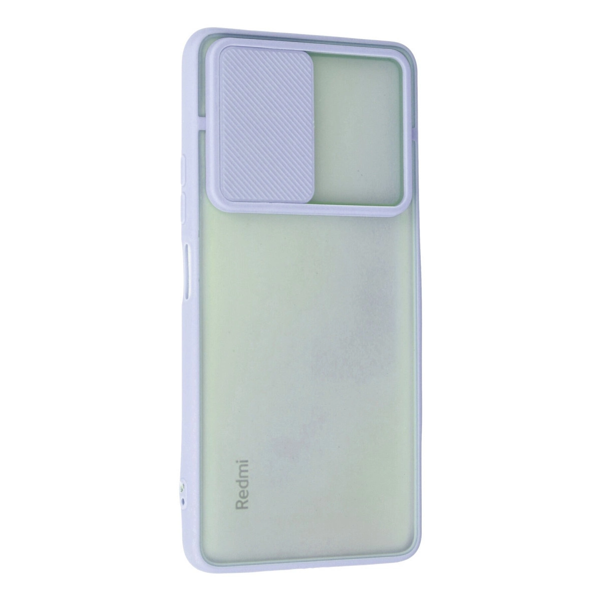 Arka tarafında kaygılı kamera kapağı olan açık mor Redmi telefon kılıfı.