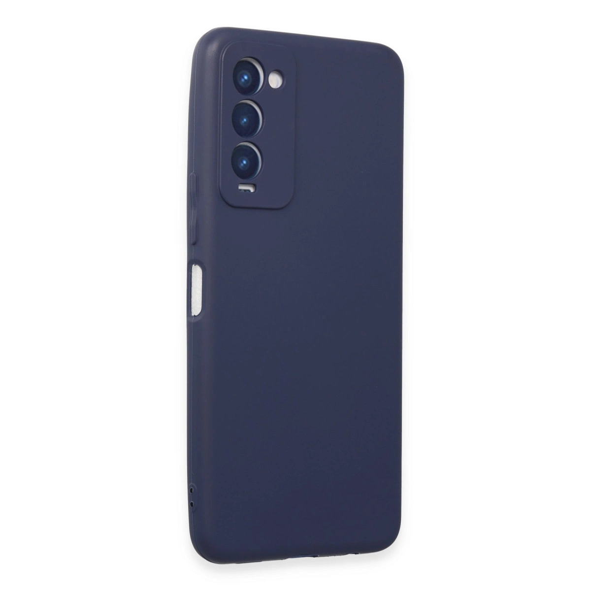 Beyaz arka planda dikey üçlü kamera modüllü koyu mavi akıllı telefon kılıfı.