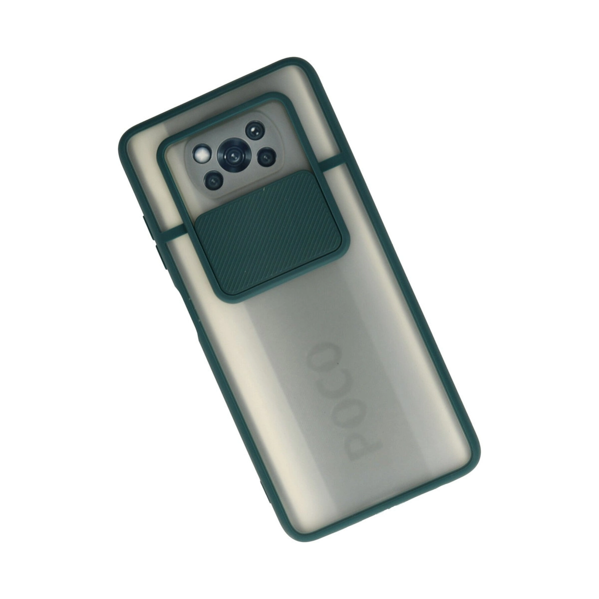 Beyaz arka planda kaydırmalı kamera kapaklı yeşil koruyucu kılıf içinde bir Poco akıllı telefon.