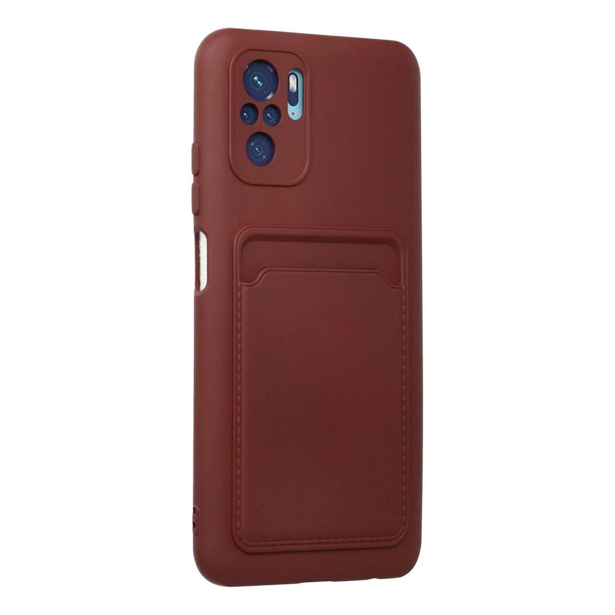 Arka tarafında yerleşik kartlık bulunan ve kamera çıkıntılarına sahip bordo renkli akıllı telefon kılıfı.