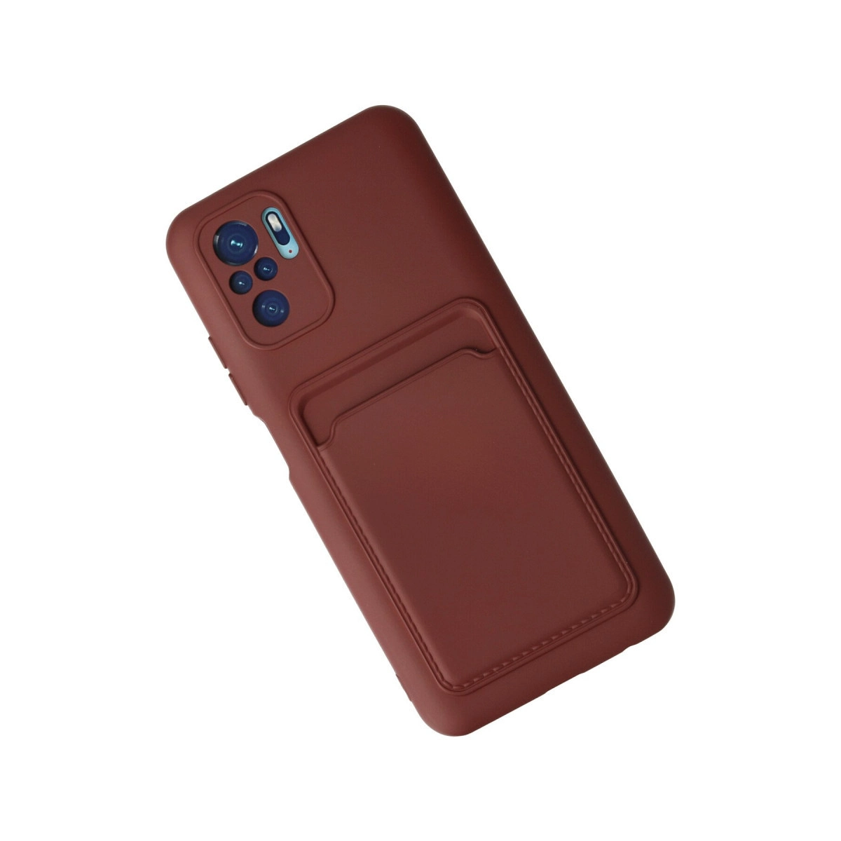 Beyaz arka planda kart gözlü kahverengi akıllı telefon kılıfının arka görünümü.