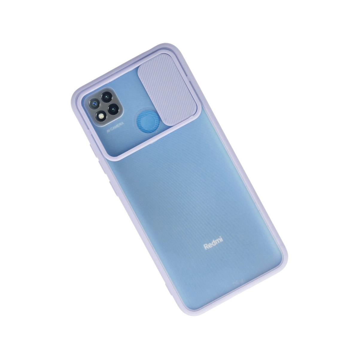 Mor kenarlı ve kapalı kamera kaydırma kapağına sahip mavi Redmi akıllı telefon kılıfı.
